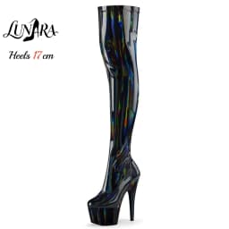 17cm/7Inch Holographic Patent Leather Zipper Closed Toe Platform Stilettos Thigh High Boot Stripper Shoes Pole Dance Nightclub