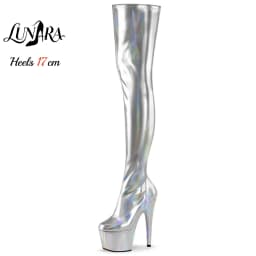 17cm/7Inch Holographic Patent Leather Zipper Closed Toe Platform Stilettos Thigh High Boot Stripper Shoes Pole Dance Nightclub