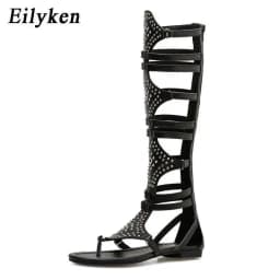 Eilyken 2026 New Golden Gladiator Roman Women Boots Sandals PU Leather Open Toe Knee High Rivet Leisure Flat Shoes