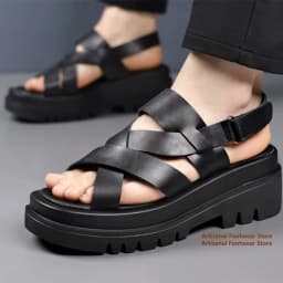 7cm Thick Soled Men's Sandals Inner Height Increasing Hollow Out Genuine Leather Summer Breathable Beach Sandals for Men
