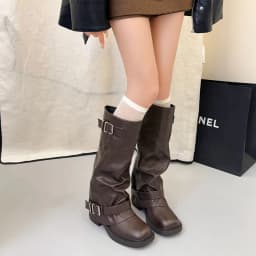 Autumn Winter Women Knee High Boots Metal Buckle Decor Round Toe Block Heel Shoes Ladies Concise Leather Knight Long Booties