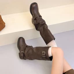 Autumn Winter Women Knee High Boots Metal Buckle Decor Round Toe Block Heel Shoes Ladies Concise Leather Knight Long Booties