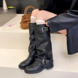 Autumn Winter Women Knee High Boots Metal Buckle Decor Round Toe Block Heel Shoes Ladies Concise Leather Knight Long Booties