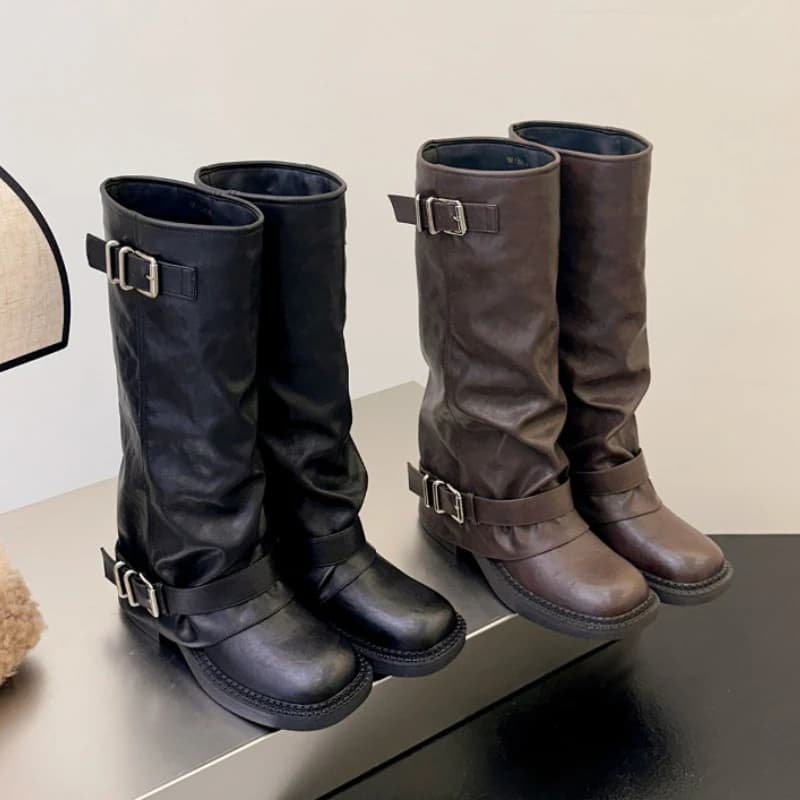Autumn Winter Women Knee High Boots Metal Buckle Decor Round Toe Block Heel Shoes Ladies Concise Leather Knight Long Booties