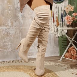 Women Beige Suede Thigh High Boots Chunky Heel Over The Knee Zipper Pointed Toe Party Shoes