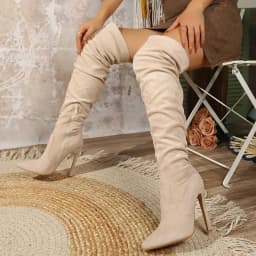 Women Beige Suede Thigh High Boots Chunky Heel Over The Knee Zipper Pointed Toe Party Shoes