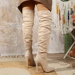 Women Beige Suede Thigh High Boots Chunky Heel Over The Knee Zipper Pointed Toe Party Shoes