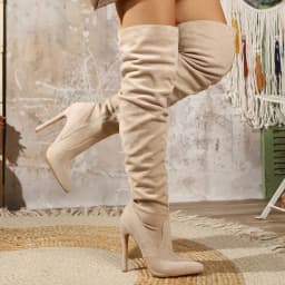 Women Beige Suede Thigh High Boots Chunky Heel Over The Knee Zipper Pointed Toe Party Shoes
