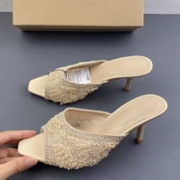 2026 Summer Sandals Weave Pearl Mule Heels for Women Nude Square Toe High Heel Sandal Elegant Backless Fashion Stiletto Footwear