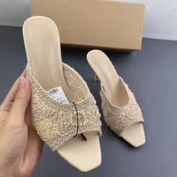 2026 Summer Sandals Weave Pearl Mule Heels for Women Nude Square Toe High Heel Sandal Elegant Backless Fashion Stiletto Footwear