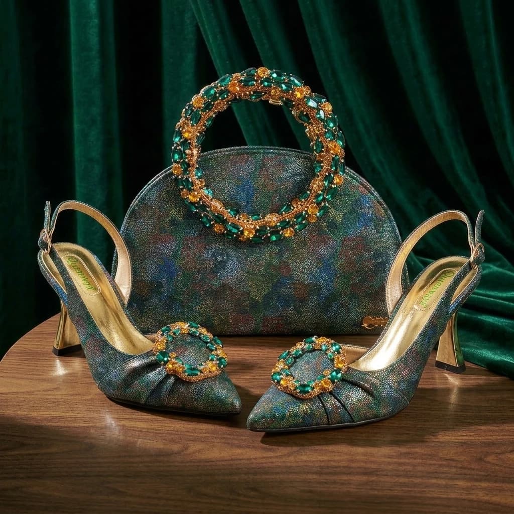 Multicolor Shimmer Rhinestone Circle Women Heels Rhinestone Ring Handle Evening Clutch Wedding Formal Matching Shoe and Bag Set