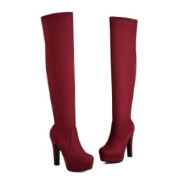 Burgundy Flock Winter Fall Pumps Warm Platform Overknees Shoes Big Size 45 46 Block Thick High Heels Over-the-knee Stretch Boots