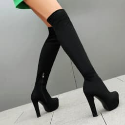 Burgundy Flock Winter Fall Pumps Warm Platform Overknees Shoes Big Size 45 46 Block Thick High Heels Over-the-knee Stretch Boots