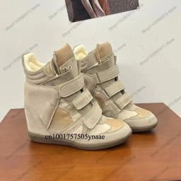 Women Multi Velcro Strap Hidden Wedge High Top Sneakers Retro Spliced Suede Platform Ankle Boots Invisible Height Increasing Casual Walking Shoes For Petite Ladies Streetwear
