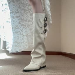 2025 New French Pointed Toe Inside Heightened Knight Boots Women's Belt Buckle White Long Thigh Fashion Wedge Heel Trouser Boots