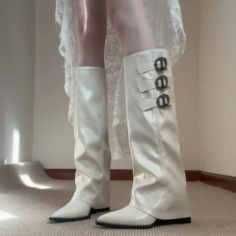 2025 New French Pointed Toe Inside Heightened Knight Boots Women's Belt Buckle White Long Thigh Fashion Wedge Heel Trouser Boots