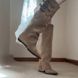 2025 New French Pointed Toe Inside Heightened Knight Boots Women's Belt Buckle White Long Thigh Fashion Wedge Heel Trouser Boots