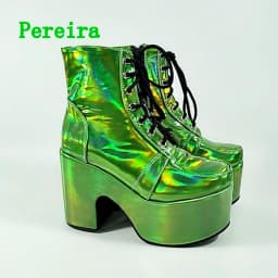 Shiny Purple Ankle Boots Women's 2024 New Arrival Platform Round Toe Chunky Heel Cross Straps Sexy Fashion Show Party Shoes