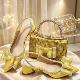 Shiny Yellow Rhinestone Shoe Purse Set with Bow Detail, Elegant Slingback Heels Designed for Bride Wedding Party Evening and Spe