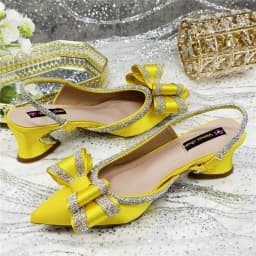 Shiny Yellow Rhinestone Shoe Purse Set with Bow Detail, Elegant Slingback Heels Designed for Bride Wedding Party Evening and Spe