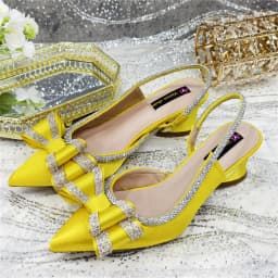Shiny Yellow Rhinestone Shoe Purse Set with Bow Detail, Elegant Slingback Heels Designed for Bride Wedding Party Evening and Spe