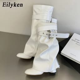 Eilyken Winter Design Detachable Splicing Buckle Strap Women Knee-High Boots Fashion Round Toe High Heels Shoes
