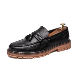 New Slip-On Thick Soled Casual Leather Shoes British Retro Round Head Handmade Leather Fringe Lazy Loafers Men