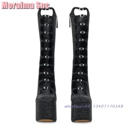 Luxury Crystal Platform Belt Buckle Sandals Boots Block Chunky Heel Round Toe Side Zipper Hollow Sexy Women's Summer Shoes Black