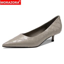 MORAZORA 2026 New Genuine Leather Shoes 4cm High Heels Office Dress Shoes Pointed Toe Fashion Single Shoes