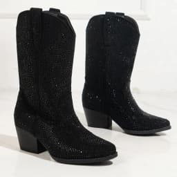 2026 New Luxury Rhinestone High Boots Woman Large Size Retro Mid-calf Western Cowboy Boots Fashionable Pointed Toe Wedge Shoes