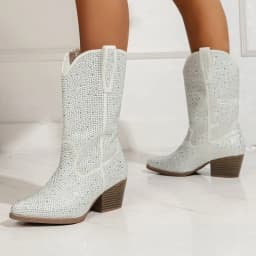 2026 New Luxury Rhinestone High Boots Woman Large Size Retro Mid-calf Western Cowboy Boots Fashionable Pointed Toe Wedge Shoes