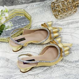 Elegant Gold Satin Rhinestone Bow Slingback Heels & Clutch Bag Set, Women Bridal Matching Kit For Wedding Party Evening Prom For