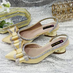 Elegant Gold Satin Rhinestone Bow Slingback Heels & Clutch Bag Set, Women Bridal Matching Kit For Wedding Party Evening Prom For