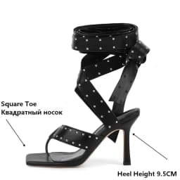 Onlymaker Square Toe Lace-Up Sexy Gladiator Thigh High Studded Wrap Straps Heels Thong Rivet Strappy Thin Heel Fashion Sandals