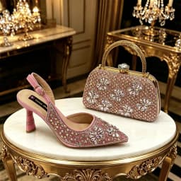 Venus Chan Gold Pointed Toe Rhinestone Heels & Bag Set, Sparkly Slingback Shoes for Women Wedding Party Evening Prom