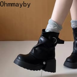 Punk Style Women Ankle Boots Buckle Strap Rivet Round Toe Platform Thick Heel Short Boots Autumn Winter Concise Botas Mujer