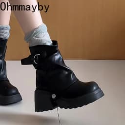 Punk Style Women Ankle Boots Buckle Strap Rivet Round Toe Platform Thick Heel Short Boots Autumn Winter Concise Botas Mujer