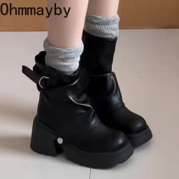 Punk Style Women Ankle Boots Buckle Strap Rivet Round Toe Platform Thick Heel Short Boots Autumn Winter Concise Botas Mujer
