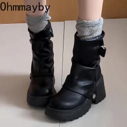 Punk Style Women Ankle Boots Buckle Strap Rivet Round Toe Platform Thick Heel Short Boots Autumn Winter Concise Botas Mujer