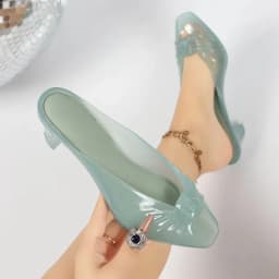 Women Transparent Jelly Mule Heels Peep Toe Clear Kitten Heel Slide Sandals Waterproof Slip On Jelly Shoes Casual Summer