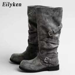 Eilyken Autumn Winter Punk Style Women Knee-High Boots Long Booties Fashion Belt Buckle Round Toe Low Heels Shoes