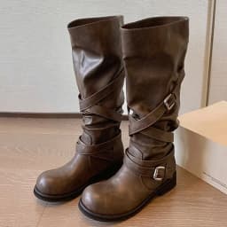 Eilyken Autumn Winter Punk Style Women Knee-High Boots Long Booties Fashion Belt Buckle Round Toe Low Heels Shoes
