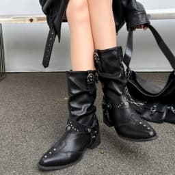 2026 Autumn Rivet Buckle Women Mid Calf Boots Pu Leather Square Heel Pointed Toe Shoes Daily Casual Female Mordern Booties