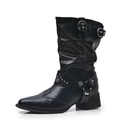 2026 Autumn Rivet Buckle Women Mid Calf Boots Pu Leather Square Heel Pointed Toe Shoes Daily Casual Female Mordern Booties