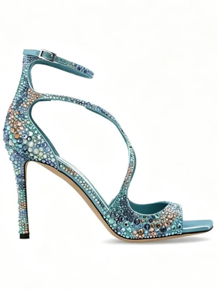 Summer Rhinestone Toe Baring Slim Heel Sandals for Ladies, Fashionable and Shiny Party, Wedding Ladies, High-Heeled Sandals
