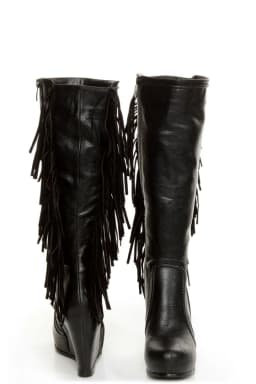 Women's Black Leather Fringe Wedge Knee High Boots Platform vintage Plus Size 46 High Heels Boot Luxury Designer sexy Shoes