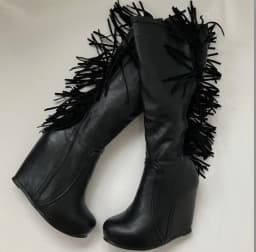 Women's Black Leather Fringe Wedge Knee High Boots Platform vintage Plus Size 46 High Heels Boot Luxury Designer sexy Shoes