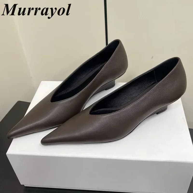 Pointed Toe Genuine Leather Wedges Single Shoes Women Shallow Mouth Solid Color Sandals Spring Summer Party Dress Shoes Pumps