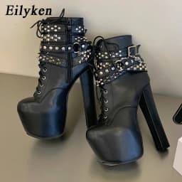 Eilyken Fashion Chunky High Heels Platform Women Boots Designer Silver Chain Belt Buckle Round Toe Nightclub Shoes SZIE 45