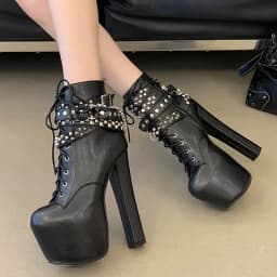 Eilyken Fashion Chunky High Heels Platform Women Boots Designer Silver Chain Belt Buckle Round Toe Nightclub Shoes SZIE 45